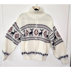 Vintage Scandia Woods Zip Up Reindeer Nordic Sweater, Med, Holiday, Grandpa Core